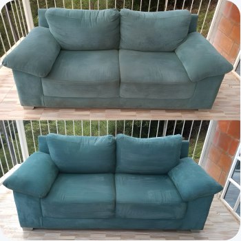 Sofá azul antes e depois da higienização