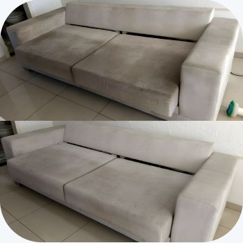 Sofá bege antes e depois da limpeza
