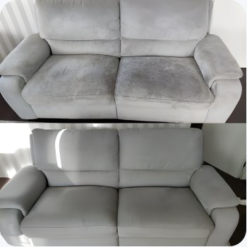 Sofá cinza antes e depois da limpeza
